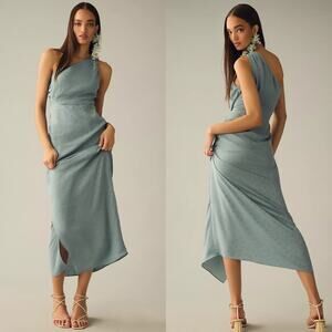 Favorite Daughter One Shoulder Midi Dress Slate Blue Polka Dot Ruched Buckle 4